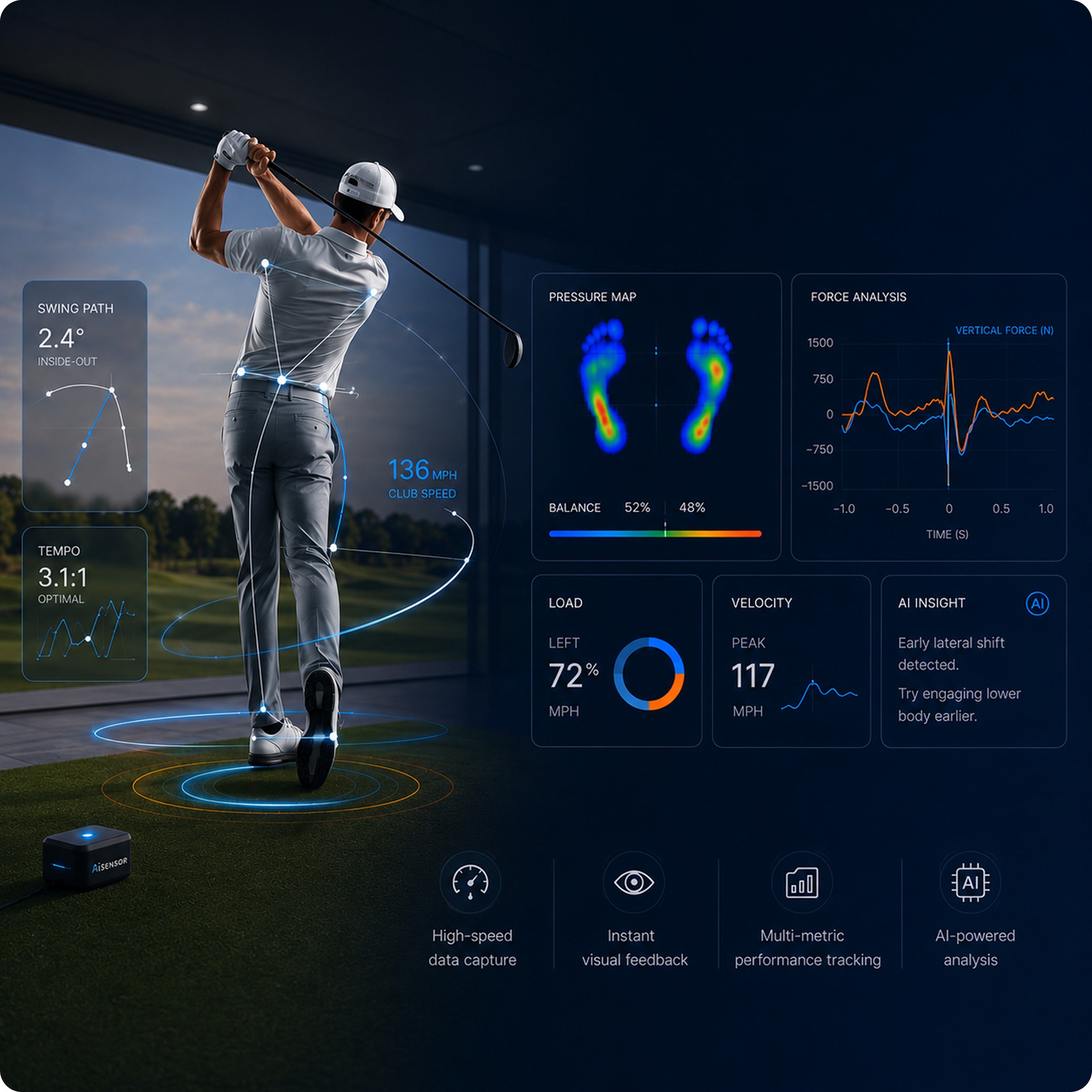Golfer practicing with a digital display showing performance metrics in a golf simulator.