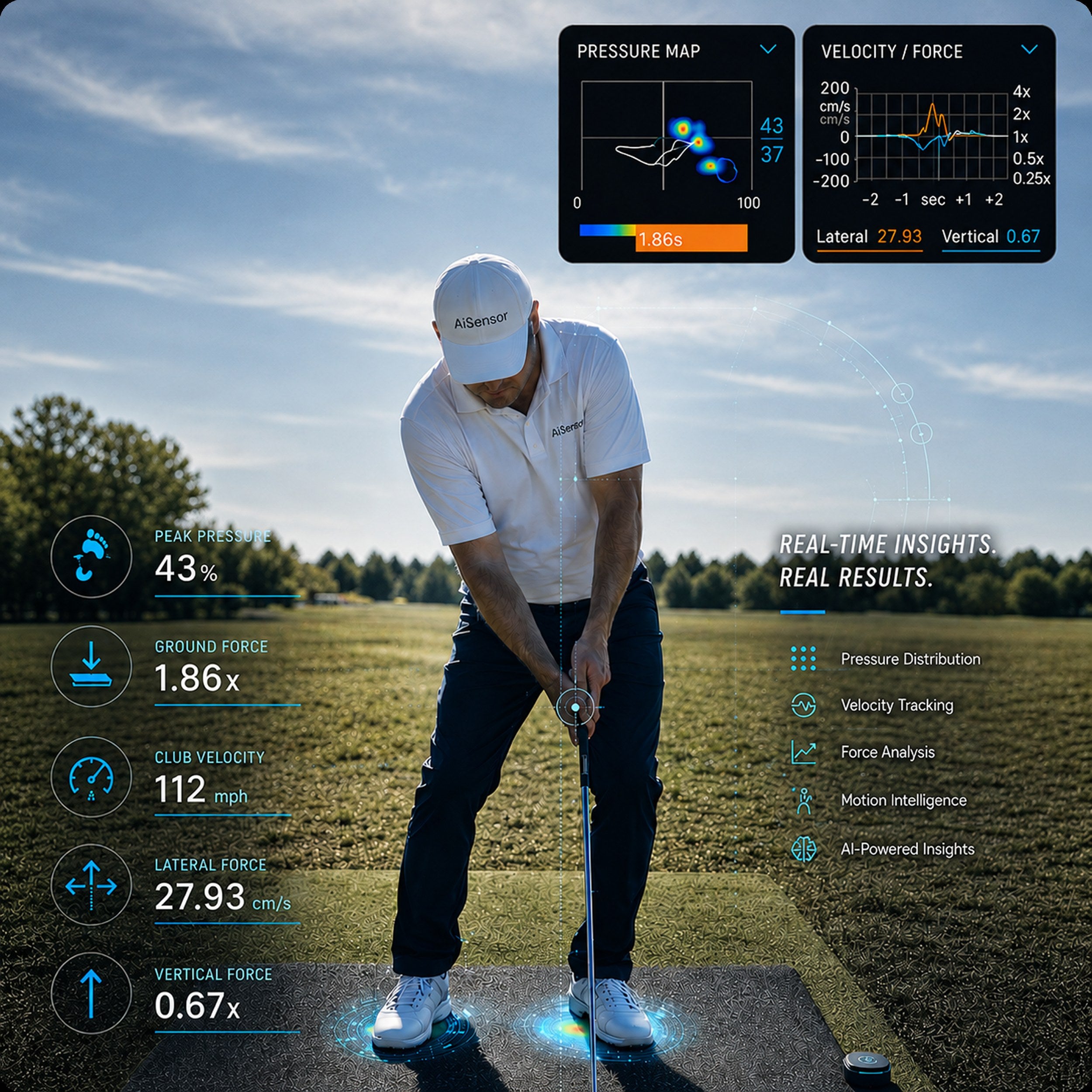 Golfer on a golf course with real-time analytics displayed on screen